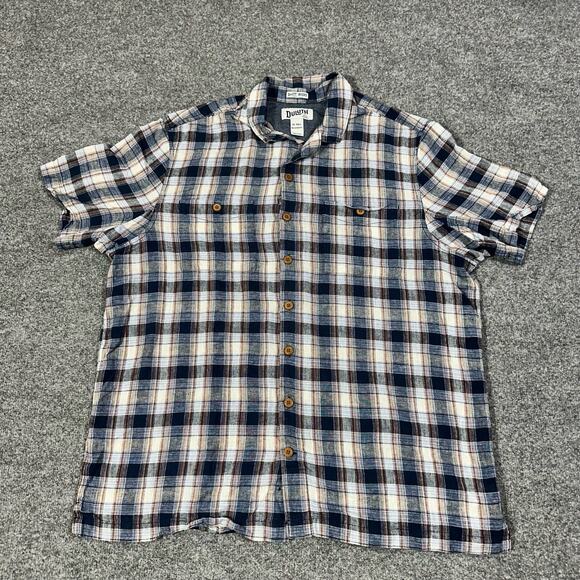 Duluth Trading Co Untucked Navy Plaid Short Sleeve Relaxed Fit Button Up Shirt - Picture 1 of 7